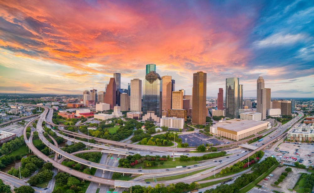 The Houston, TX skyline at sunset