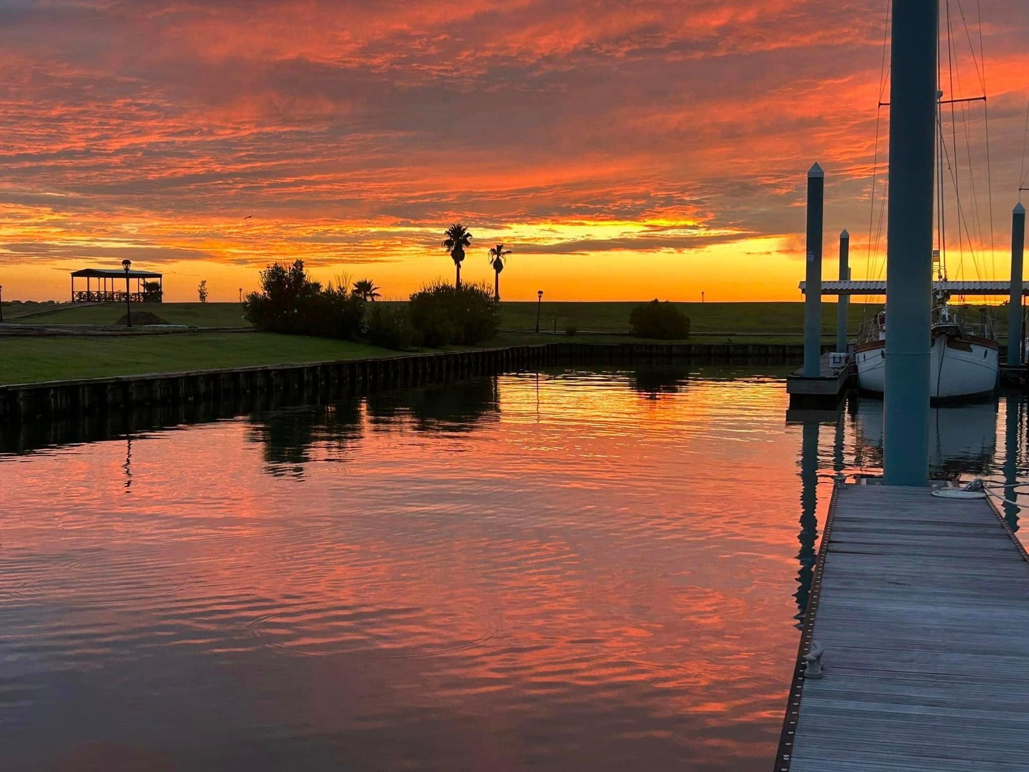 Texas Gulf Coast marina at sunset