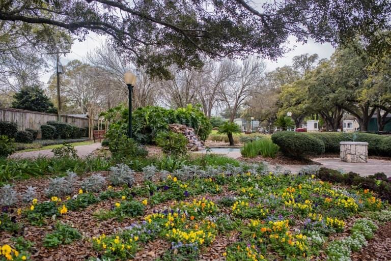 Helen's Garden, a landscaped garden under mature oak trees in League City